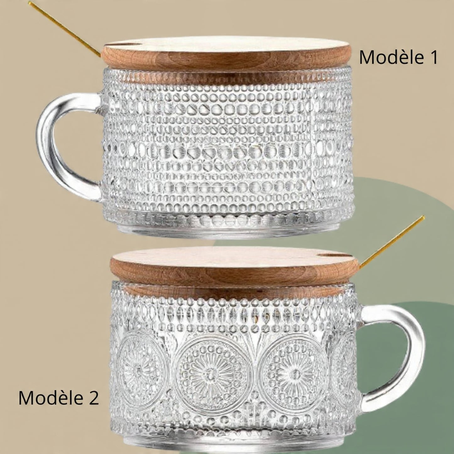 Tasses en verre avec couvercle en bambou et cuillère