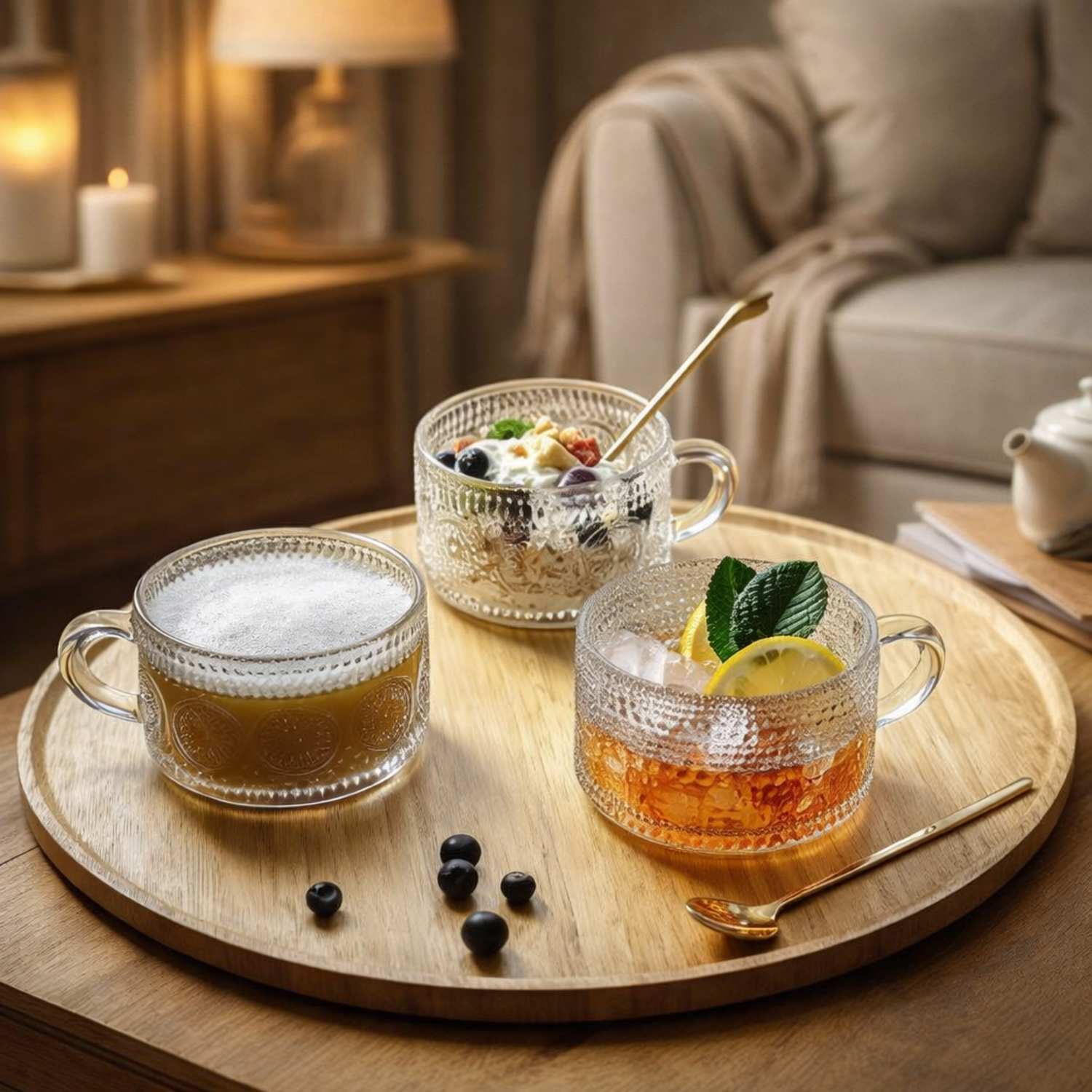 Tasses en verre avec couvercle en bambou et cuillère